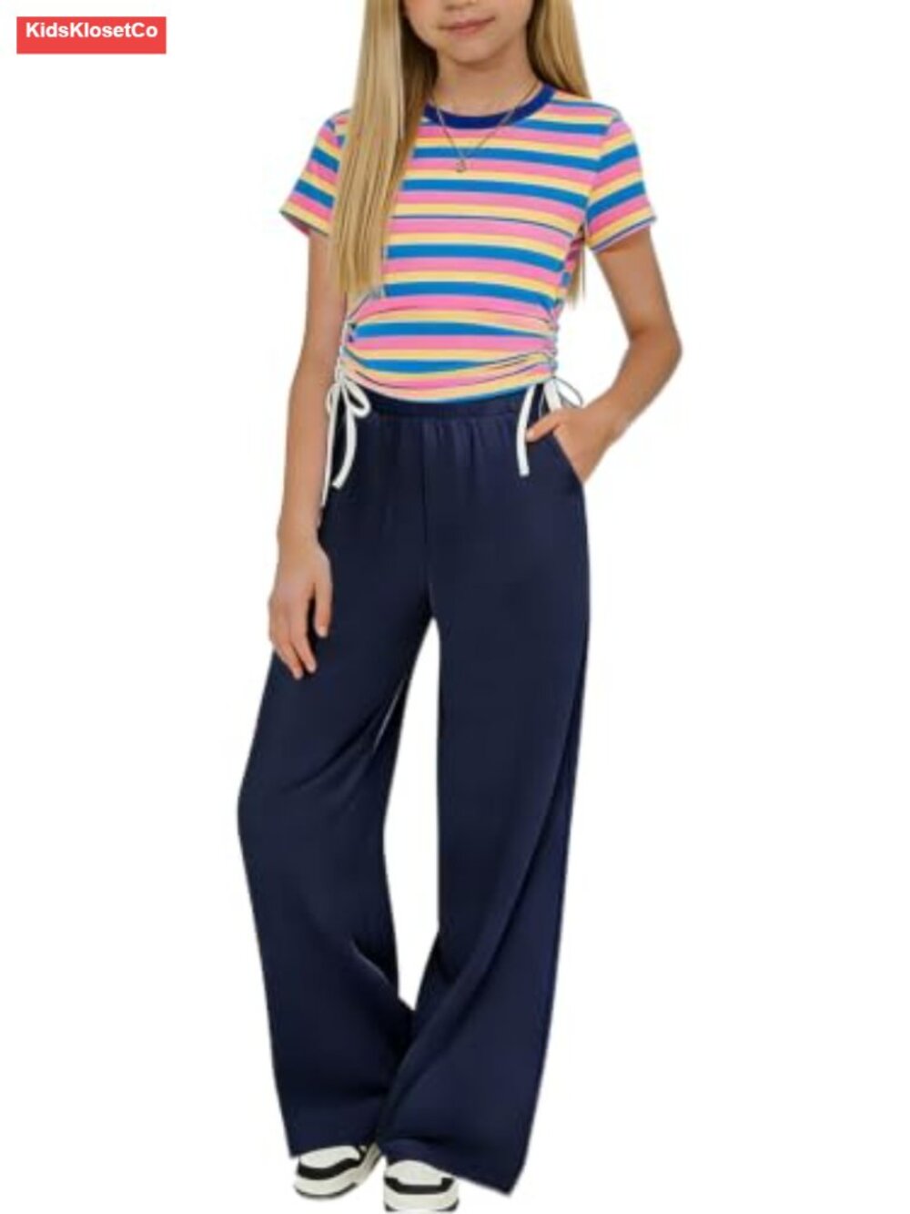Girls 2 Piece Outfit Short Sleeve Ruched Top & Wide Leg Pants Set